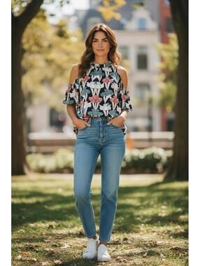 Ann Taylor Floral Cold Shoulder Blouse, Size M